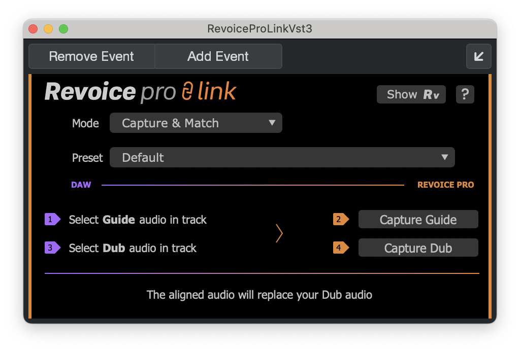 Окно Revoice Pro Link с режимом Capture & Match